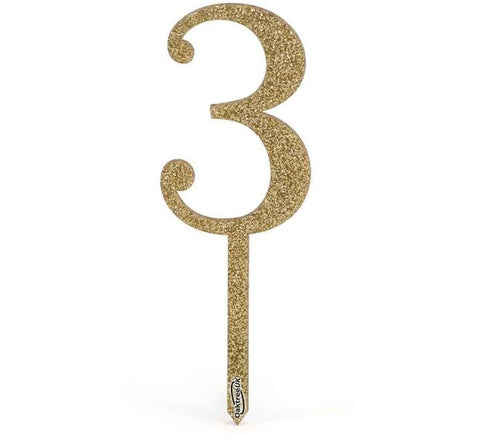 No.3 Acrylic Sparkling Fizz Gold cake topper