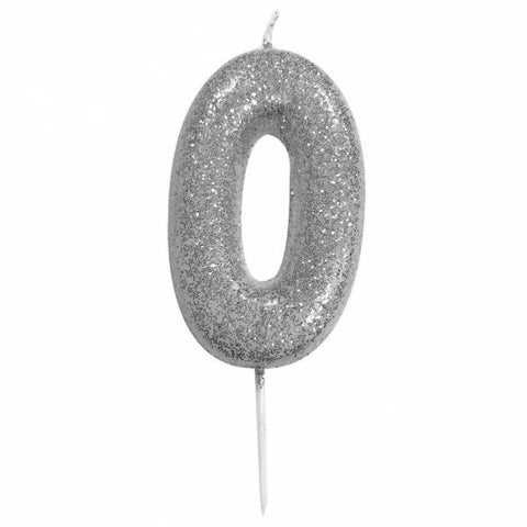 Glitter Number 0 Candle (7cm) - Silver