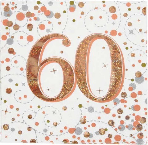 60th Rose Gold and White Sparkle Napkins (Pack of 16)