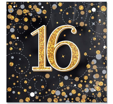 16th Gold and Black Sparkle Napkins (Pack of 16)