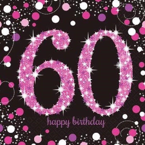 60th Pink and Black Sparkle Napkins (Pack of 16)