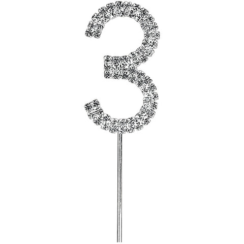 Diamante Number 3 on Stem Cake Topper - 4.5cm