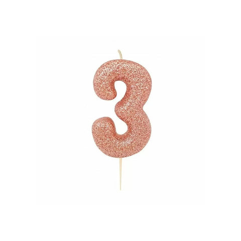 Glitter Number 3 Candle (7cm) - Rose Gold