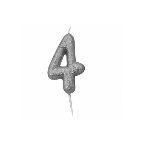 Glitter Number 4 Candle (7cm) - Silver
