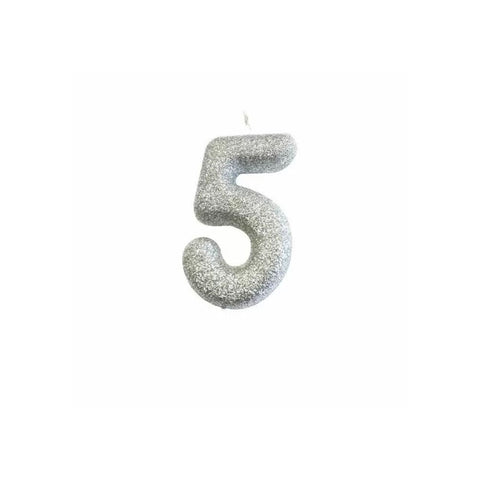 Glitter Number 5 Candle (7cm) - Silver