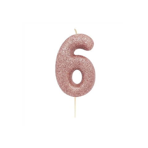Glitter Number 6 Candle (7cm) - Rose Gold