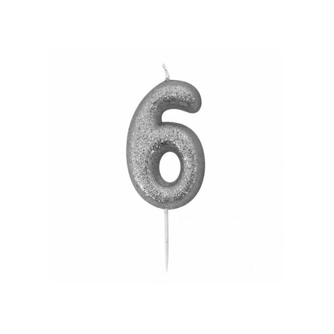 Glitter Number 6 Candle (7cm) - Silver