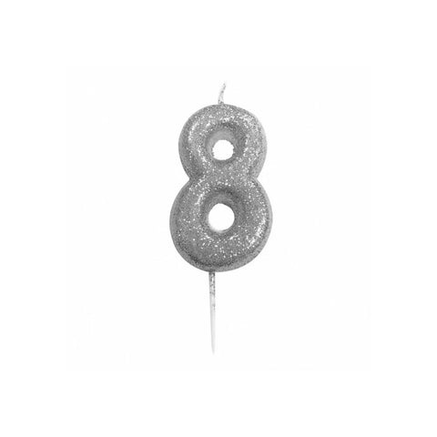 Glitter Number 8 Candle (7cm) - Silver