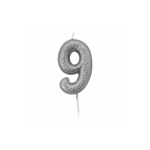 Glitter Number 9 Candle (7cm) - Silver