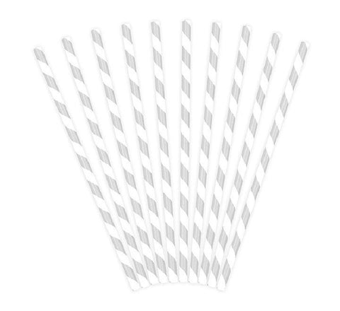 Silver and White Stripes Paper Straws - 1x10