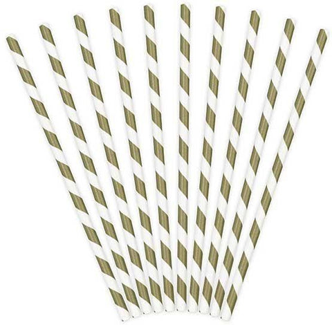 Gold and White Stripes Paper Straws - 1x10