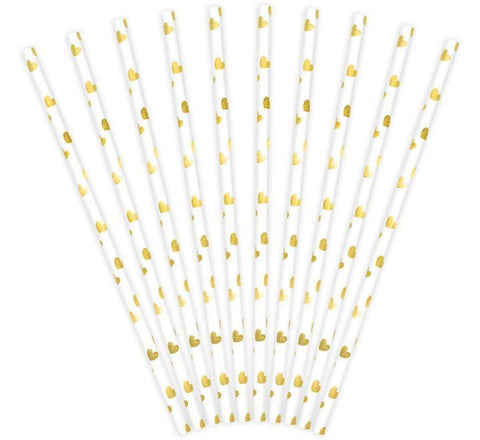 Gold and White Hearts Paper Straws - 1x10