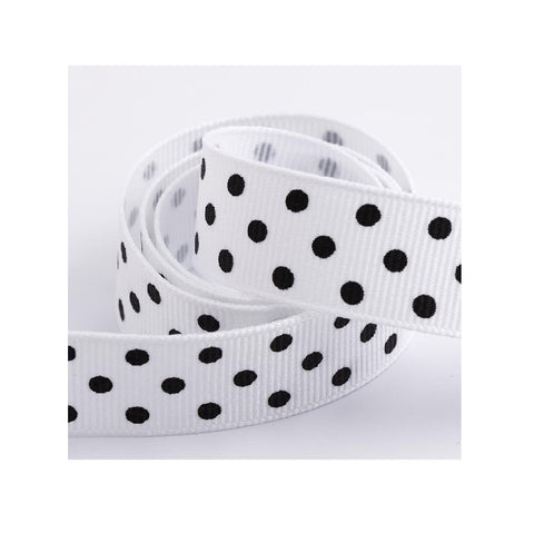 15mm x 20m Double Faced Poly Satin Ribbon Roll - White/Black Spot Polka Dot