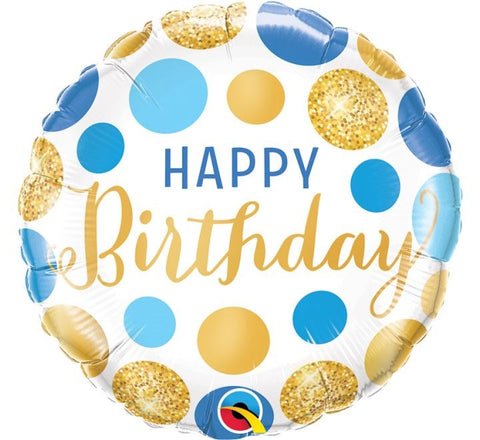 18" Gold and Blue Dot Happy Birthday Foil Balloon