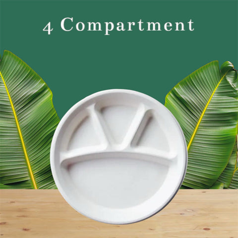 Bio Compostable 26cm/11" 4 Compartment Round Bagasse Plates Qty:50