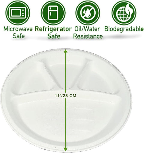 Bio Compostable 26cm/11" 4 Compartment Round Bagasse Plates Qty:50
