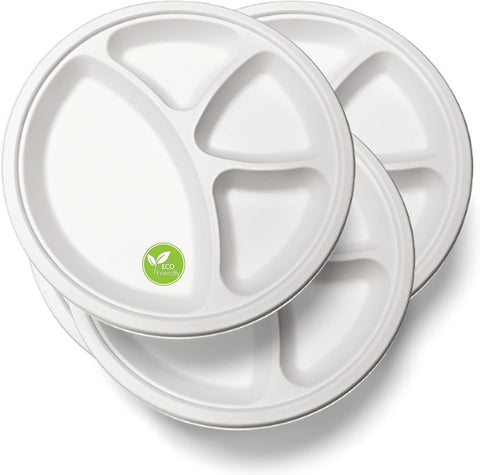 Bio Compostable 26cm/11" 4 Compartment Round Bagasse Plates Qty:50