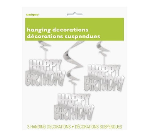 Happy Birthday Hanging Swirls Silver (Pack of 3)