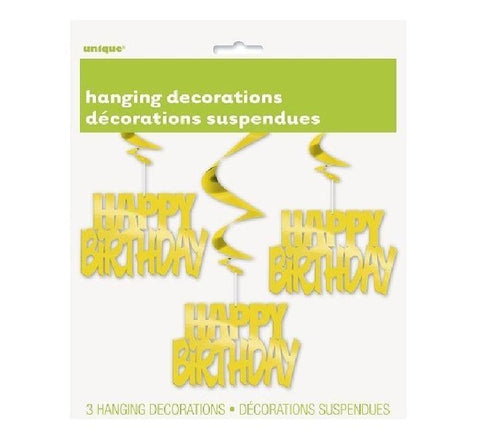 Happy Birthday Hanging Swirls Gold (Pack of 3)