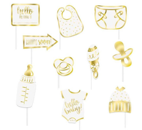 10PC HELLO BABY GOLD BABY SHOWER PHOTO PROPS