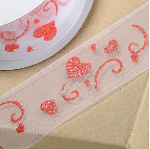 Organza Ribbon Glitter Hearts 38mm White/Red - Metre