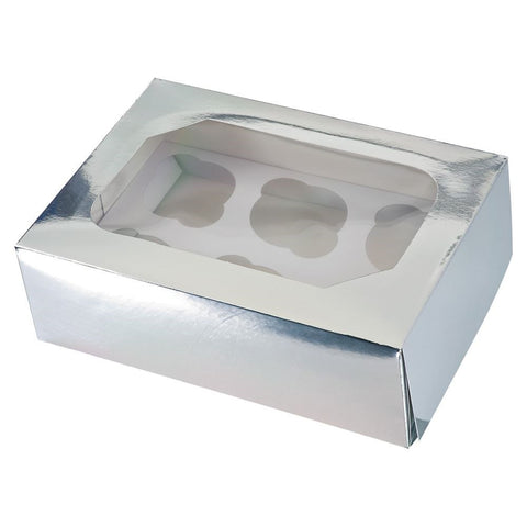 6 Glossy Silver Cupcake Box - Pack of 1