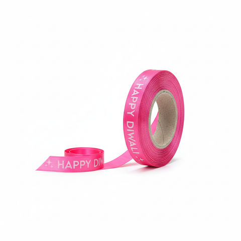 10mm Happy Diwali Ribbon - Fuschia with White Print