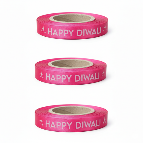 10mm Happy Diwali Ribbon - Fuschia with White Print