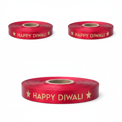 15mm Happy Diwali Ribbon - Cardinal Red with Metallic Gold Print