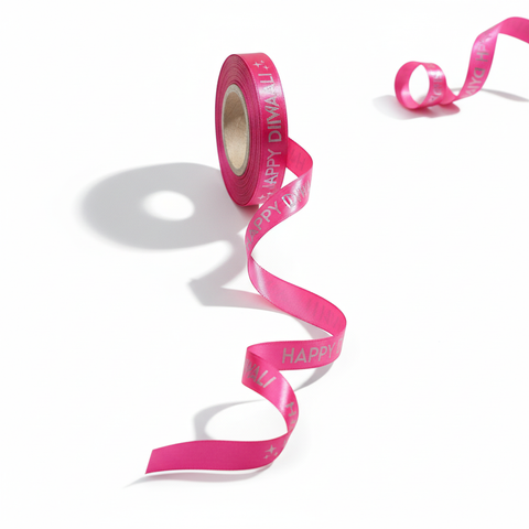 10mm Happy Diwali Ribbon - Fuschia with White Print