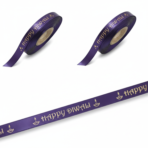 10mm Happy Diwali Ribbon - Dark Purple with Metallic Gold Print
