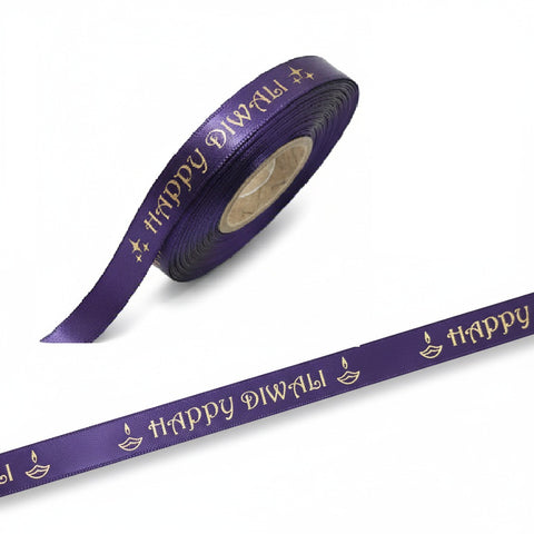 10mm Happy Diwali Ribbon - Dark Purple with Metallic Gold Print