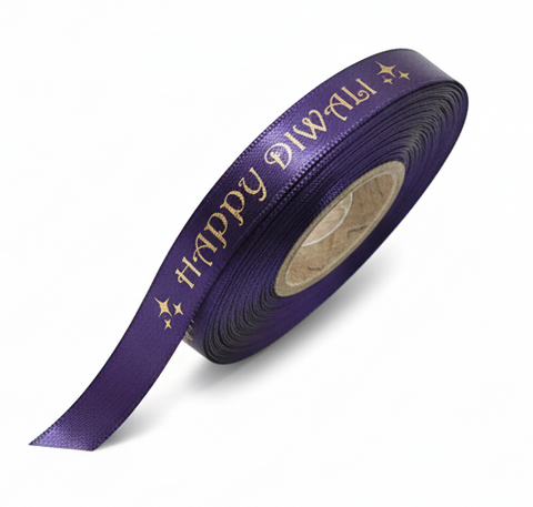 10mm Happy Diwali Ribbon - Dark Purple with Metallic Gold Print