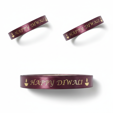 10mm Happy Diwali Ribbon - Burgundy with Metallic Gold Print