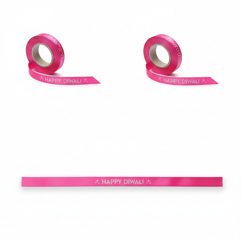 10mm Happy Diwali Ribbon - Fuschia with White Print