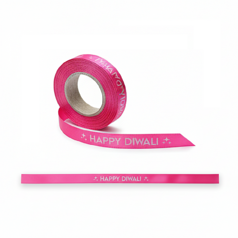 10mm Happy Diwali Ribbon - Fuschia with White Print