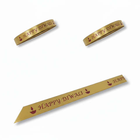 15mm Happy Diwali Ribbon - Antique Gold with Burgundy Print