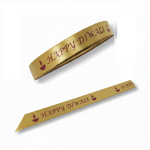 15mm Happy Diwali Ribbon - Antique Gold with Burgundy Print