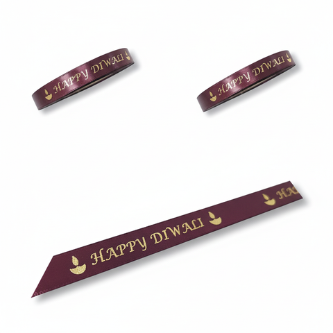 10mm Happy Diwali Ribbon - Burgundy with Metallic Gold Print