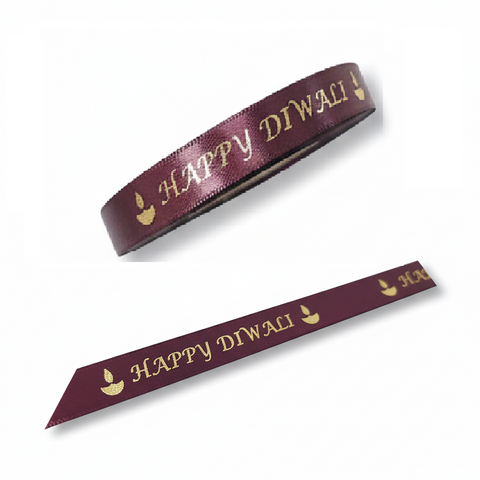 10mm Happy Diwali Ribbon - Burgundy with Metallic Gold Print