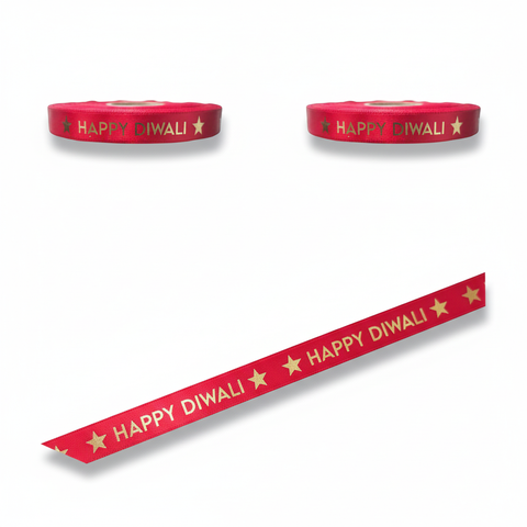 15mm Happy Diwali Ribbon - Cardinal Red with Metallic Gold Print