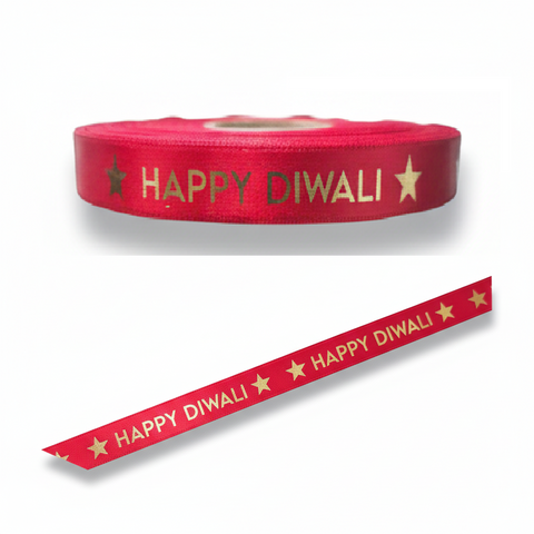 15mm Happy Diwali Ribbon - Cardinal Red with Metallic Gold Print