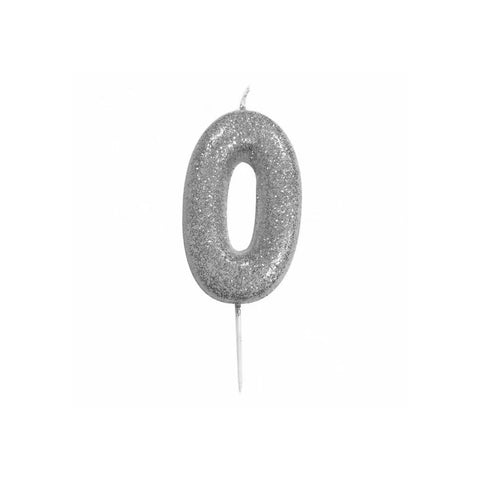 Glitter Number 0 Candle (7cm) - Silver