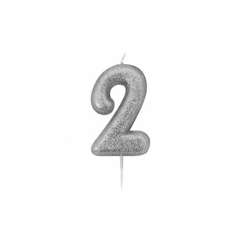 Glitter Number 2 Candle (7cm) - Silver