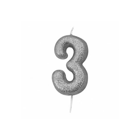 Glitter Number 3 Candle (7cm) - Silver
