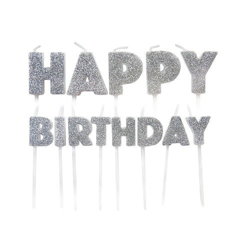 Happy Birthday Pick Candles - Silver Glitter