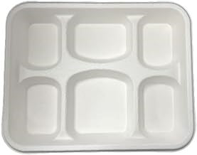 6 Compartment Bagasse Rectangle Plate - White | Eco-Friendly | Microwavable | 27.4cm x 22cm x 3.5cm | Pack of 100???????