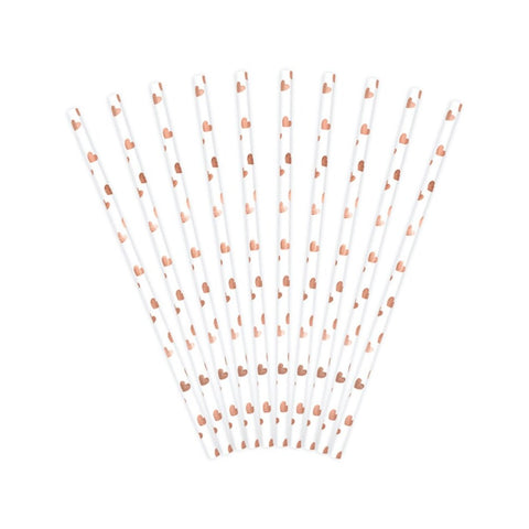 Rose Gold and White Hearts Paper Straws - 1x10