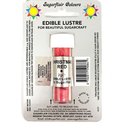 Sugarflair Edible Lustre Christmas Red 2g – Premium Food-Grade Metallic Shimmer Powder for Cake Decoration, Cupcakes, Fondant, Sugar Art, and Chocolates provides an elegant shimmer visual appeal