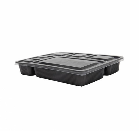 6 Compartment Black Thali Containers with Clear Lids (Pack of 10)